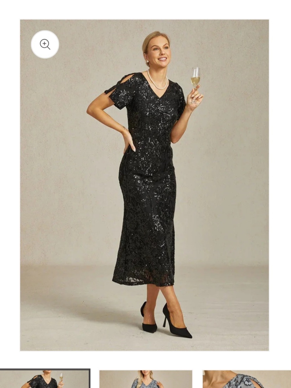 Black Sequin Midi Dress with V-Neck and cold shoulder short sleeves dress